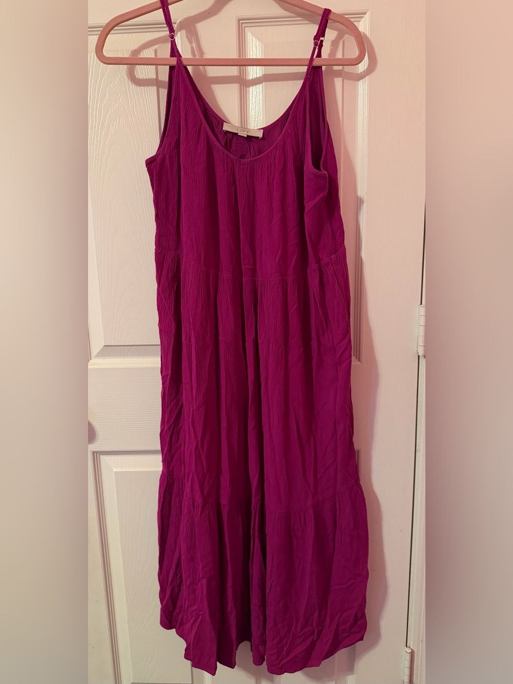 LOFT Magenta Tiered Midi Dress with Adjustable Straps